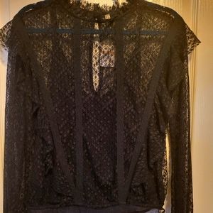 Free People Goldie Black Lace/Sheer Blouse, Women's Small